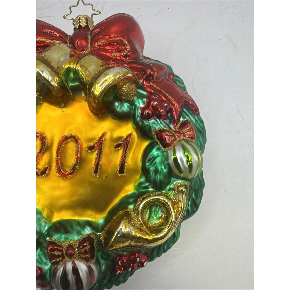 Christopher Radko Bells Bow Evergreen Wreath Textured Glass Christmas Ornament